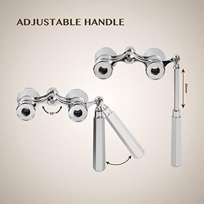 Aomekie Opera Glasses Binoculars 3X25 Lorgnette Theater Glasses Mini Binocular Compact with Handle for Adults Women in Musical Concert（Silver）