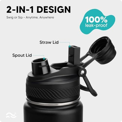 [2-IN-1 LID] Insulated Water Bottle with Silicone Boot (36hrs Cold/18hrs Hot) - DIY Stickers, Leakproof, BPA Free, Black, 24 oz