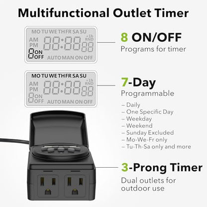 BN-LINK 7 Day Outdoor Heavy Duty Digital Programmable Timer, Outdoor Timer Outlet Waterproof, 2 Grounded Electrical Outlets for Christmas Lights, 15A 1/2HP,ETL Listed