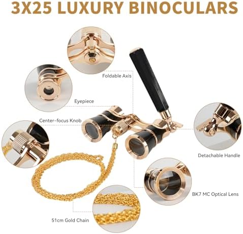 3X25 Opera Glasses for Women with Adjustable Handle & Chain,BK7 Optical Lens, Vintage Compact Mini Theater Binoculars Adults Kids in Opera Musical Concert-Black