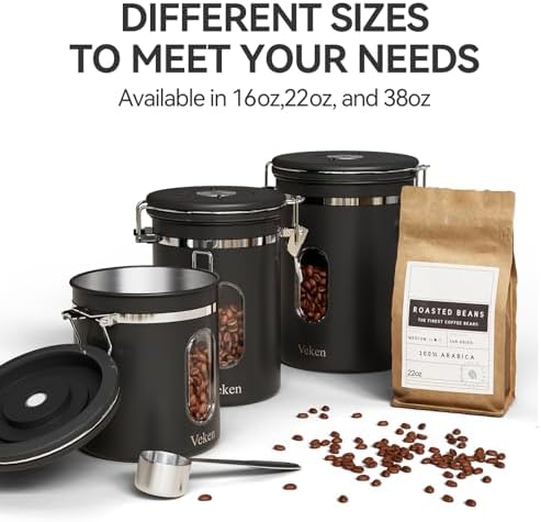 Veken Coffee Canister with Window,Airtight Stainless Steel Container,Home Kitchen Food Storage Organizers for Grounds,Beans,Espresso,Rice,Tea,Sugar,Flour, Cereal,Scoop,Bar Accessories,Gifts,22OZ,Black