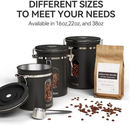 Veken Coffee Canister with Window,Airtight Stainless Steel Container,Home Kitchen Food Storage Organizers for Grounds,Beans,Espresso,Rice,Tea,Sugar,Flour, Cereal,Scoop,Bar Accessories,Gifts,22OZ,Black