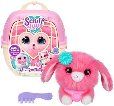 SCRUFFALUVS Pet Scruffs Pink - Mystery Plush Toy, 7.5" Tall - Wash to Reveal 1 of 3 Rescue Pets: Puppy, Bunny, or Kitty - Includes 8.7" Deluxe Pet Carrier - Styles May Vary
