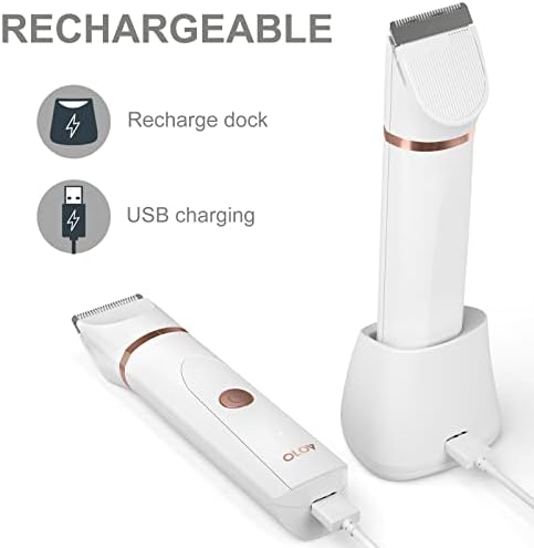 OLOV Electric Body Hair Trimmer - Groin Trimmer for Men - Bikini Trimmer Women - Wet/Dry Shaver Groomer, Replaceable Ceramic Blade Heads, USB Recharge Dock, Waterproof Hygiene Razor, White
