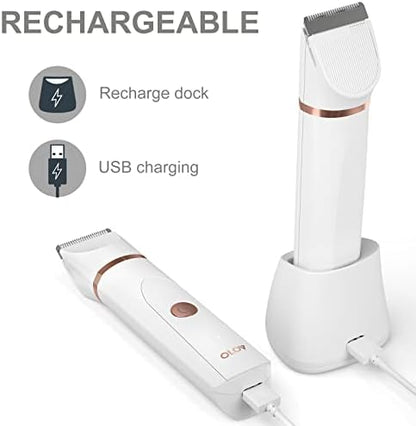 OLOV Electric Body Hair Trimmer - Groin Trimmer for Men - Bikini Trimmer Women - Wet/Dry Shaver Groomer, Replaceable Ceramic Blade Heads, USB Recharge Dock, Waterproof Hygiene Razor, White