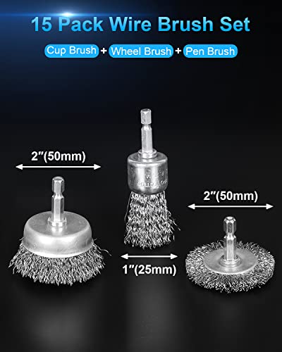 15 Pack Carbon Steel Wire Wheel Brush, Rocaris Cup Brush, Wheel Brush, Pen Brush Set with 1/4-Inch Hex Shank for Rust Removal, Corrosion and Scrub Surfaces