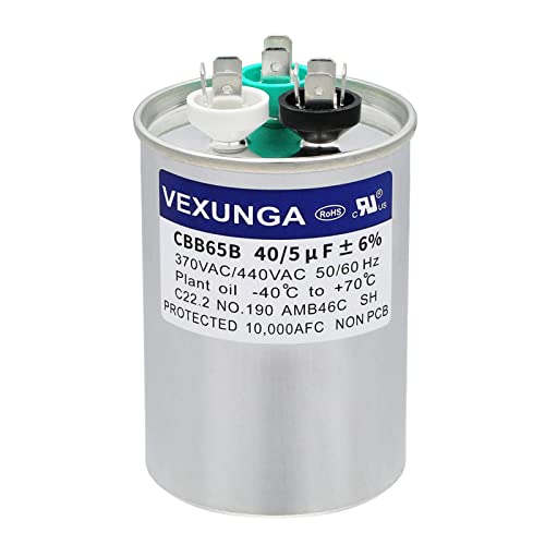40/5 uF 40+5 MFD 370VAC or 440VAC Dual Run Start Round A/C Capacitor CBB65 CBB65B Air Conditioner Capacitors for AC Unit Fan Motor Start or Heat Pump or Condenser Straight Cool