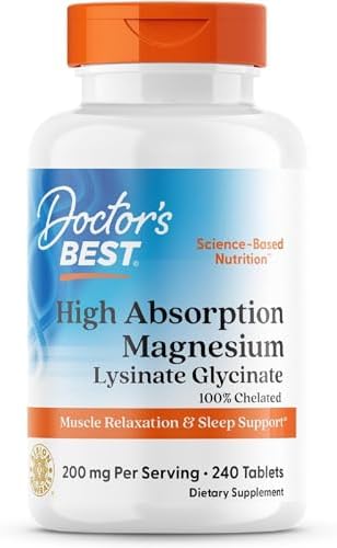 Doctor’s Best High Absorption Magnesium Glycinate Lysinate Supplement - 100% Chelated for Maximum Absorption - Magnesium for Sleep and Muscle Relaxation - 200 Mg Per Serving - 240 Tablets