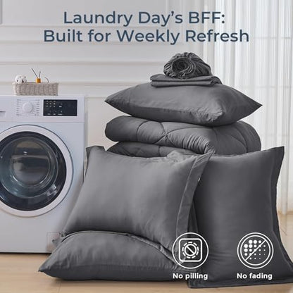 HEVUMYI 7 Pieces Queen Comforter Set, All Season Reversible Bed in a Bag Queen, Ultra Soft Queen Bedding Set with Grey Comforter, Flat Sheet, Fitted Sheet, Pillowcases, Pillow Shams, Dark Grey