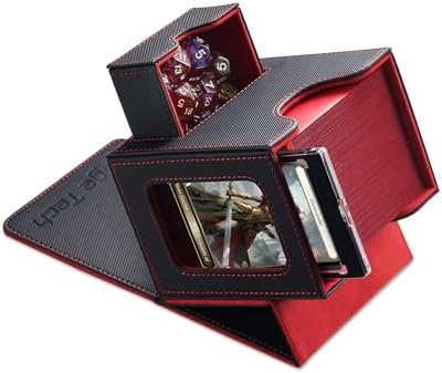 Card Deck Box for MTG Commander - Patented Design, Commander Display, Fits 100 Double-Sleeved Cards, 35pt Card Brick & Dice Tray - Black/Red