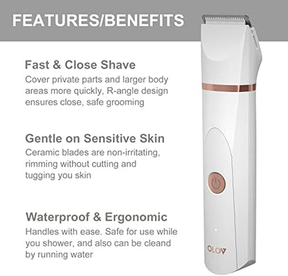 OLOV Electric Body Hair Trimmer - Groin Trimmer for Men - Bikini Trimmer Women - Wet/Dry Shaver Groomer, Replaceable Ceramic Blade Heads, USB Recharge Dock, Waterproof Hygiene Razor, White