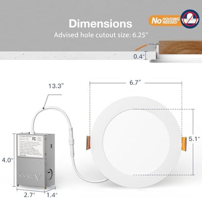 Amico 24 Pack 6 Inch 5CCT Ultra-Thin LED Recessed Ceiling Light with Junction Box, 1050LM Brightness, Dimmable Canless Wafer Downlight, 12W, ETL&FCC