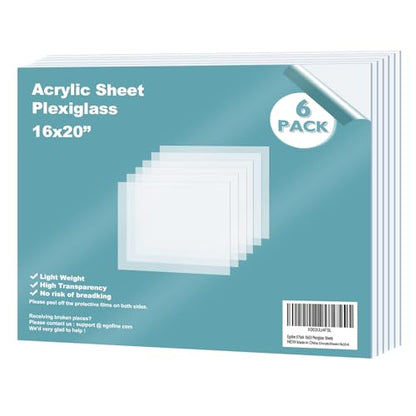 Egofine Plexiglass Sheets Acrylic Sheets 6 Pack of 16x20’’ 0.04 Thick Clear Plastic Cast Transparent Plexi Glass for Crafting Projects, Replacement Picture Frame Glass, DIY Display, Easy to Cut