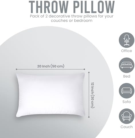Utopia Bedding Throw Pillows (Pack of 2, White), 12 x 20 Inches Indoor Decorative Pillow Insert for Sofa, Bed and Couch
