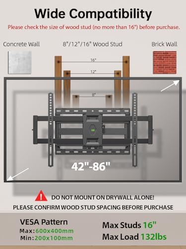 USX Mount Full Motion TV Wall Mount for Most 42-86 inch Flat Screen/LED/4K, TV Mount Bracket Dual Swivel Articulating Tilt 6 Arms, Fits 8” 12” 16" Wood Studs,Max VESA 600x400mm, Holds up to 132lbs