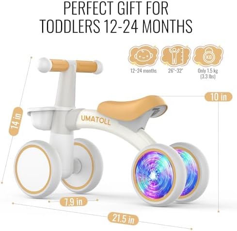 Umatoll Colorful Lighting Baby Balance Bike Toys for 1 Year Old Boys Gifts, Adjustable Seat Baby Walker, One Year Old Boy Birthday Gifts, 12-24 Months Toddler First Ride on Toys