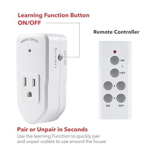 BN-LINK Wireless Remote Control Electrical Outlet Switch for Lights, Fans, Christmas Lights, Small Appliance, Long Range White (Learning Code, 3Rx-1Tx) 1200W/10A