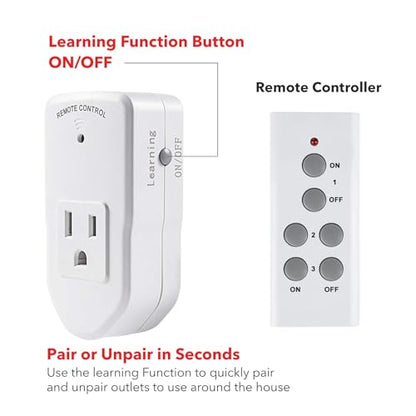 BN-LINK Wireless Remote Control Electrical Outlet Switch for Lights, Fans, Christmas Lights, Small Appliance, Long Range White (Learning Code, 3Rx-1Tx) 1200W/10A