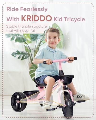 KRIDDO Kids Tricycles Age 24 Month to 4 Years, Toddler Kids Trike for 2.5 to 5 Year Old, Gift Toddler Tricycles for 2-4 Year Olds, Trikes for Toddlers, Sporty Styling, Pink