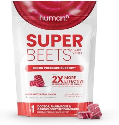 HumanN SuperBeets Heart Chews, Nitric Oxide and Blood Pressure Support, Grape Seed Extract & Non-GMO Beet Root Powder Energy Supplement, Pomegranate Berry Flavor, 60 Count