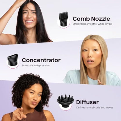 Wavytalk Hair Dryer with Diffuser, Blown Away Ionic Hair Dryer for Curly Hair with Comb, 1875W Fast Drying Blow Dryer with Ceramic Technology, 3 Attachments for All Hair Types, Light and Quiet, Black