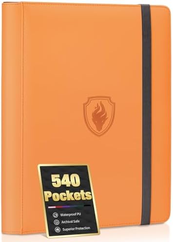 Premium 9 Pocket Card Binder for 540 Cards, Fabmaker PU Cover Trading Card Binder, Sturdy Card Collection Album, Sleek Card Holder Folders for YuGiOh, MTG, TCG, Game Cards & Sports Cards, Orange