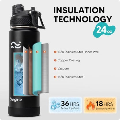 [2-IN-1 LID] Insulated Water Bottle with Silicone Boot (36hrs Cold/18hrs Hot) - DIY Stickers, Leakproof, BPA Free, Black, 24 oz