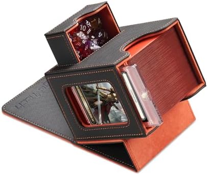Card Deck Box for MTG Commander - Patented Design, Commander Display, Fits 100 Double-Sleeved Cards, 35pt Card Brick & Dice Tray - Grey/Orange