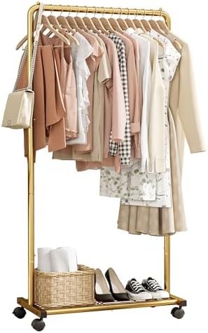 Clothes Rack - Clothing Rack with Storage Mesh Shelf & Casters, Heavy-Duty Metal Clothing Rack for Hanging Clothes, Dresses, Coats, Large Load Capacity, Easy Assembly, Gold, 28.0"x14.0"x59.0"