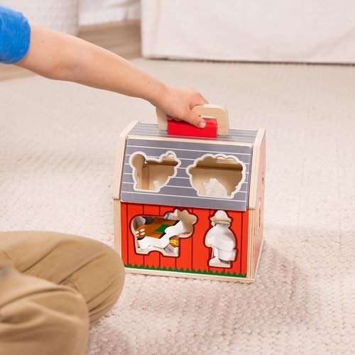 Melissa & Doug Wooden Take-Along Sorting Barn Toy with Flip-Up Roof and Handle, 10 Wooden Farm Play Pieces - Farm Toys, Shape Sorting And Stacking Learning Toys For Toddlers And Kids Ages 2+