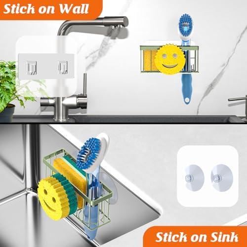 Sponge Holder Smiley Face,Sink Caddy,Sink Organizer with 2 Suction Cups/1 Adhesive Strips,Designed for Sponge,Soap,Dish Brush,Scrubber - Green