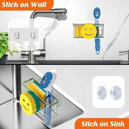 Sponge Holder Smiley Face,Sink Caddy,Sink Organizer with 2 Suction Cups/1 Adhesive Strips,Designed for Sponge,Soap,Dish Brush,Scrubber - Green