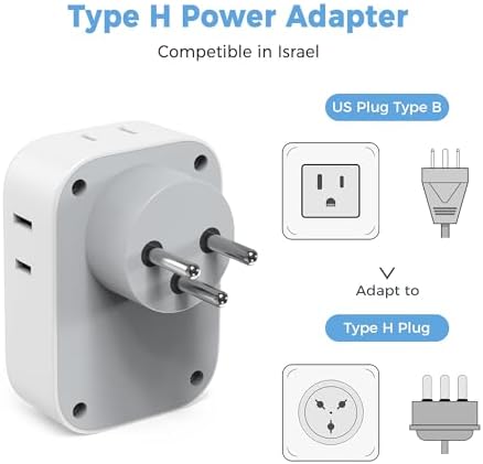 TESSAN Israel Power Adapter, US to Israel Plug Adapter with 4 American Outlets 3 USB Charger (1 USB C Port), Type H Travel Adaptor for USA to Jerusalem