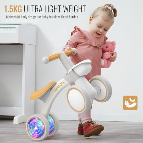 Umatoll Colorful Lighting Baby Balance Bike Toys for 1 Year Old Boys Gifts, Adjustable Seat Baby Walker, One Year Old Boy Birthday Gifts, 12-24 Months Toddler First Ride on Toys