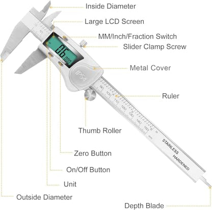 Digital Caliper, 6 inch Caliper Extreme Accuracy Measuring Tool with Stainless Steel, IP54 Waterproof Protection Design, Inch Metric Fraction Switch for Daily and Professional Use
