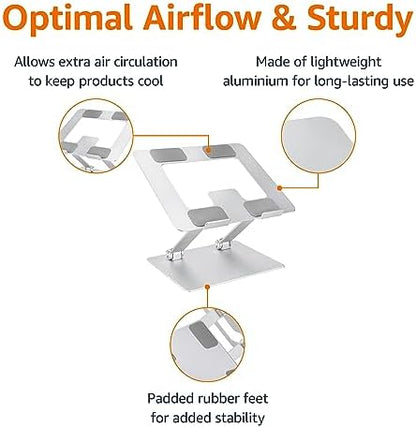 Amazon Basics Sturdy and Portable Ergonomic Laptop Stand for Desk, Adjustable Riser, Fits all Laptops and Notebooks up to 17.3 Inch, Silver, 10 x 8.7 x 6 in