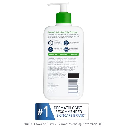 CeraVe Hydrating Facial Cleanser, Moisturizing Face Wash For Dry Skin, Hyaluronic Acid + Ceramides + Glycerin, Hydrating Cleanser For Normal To Dry Skin, National Eczema Association Certified