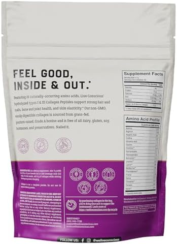 Live Conscious Collagen Powder Hydrolyzed Collagen Peptides Type I & III - Keto & Paleo Friendly - Unflavored - 20 Servings, 7.8 oz