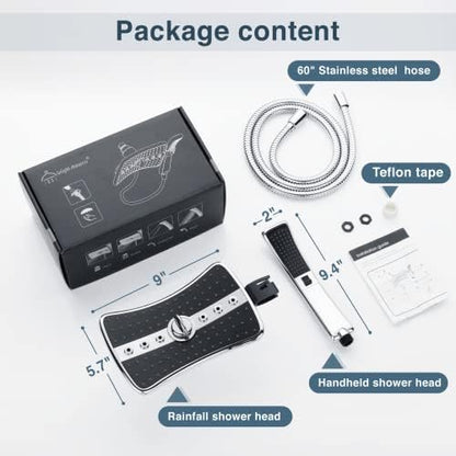 BRIGHT SHOWERS High Pressure Dual Shower Head Combo, Handheld Showerhead Rainfall Shower Head Combo with Black Face, 60 Inch Long Stainless Steel Shower Hose, Chrome