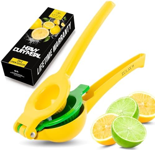 Zulay Kitchen Metal 2-in-1 Lemon Squeezer - Sturdy Max Extraction Hand Juicer Lemon Squeezer Gets Every Last Drop - Easy to Clean Manual Citrus Juicer - Easy-Use Lemon Juicer Squeezer - Yellow/Green