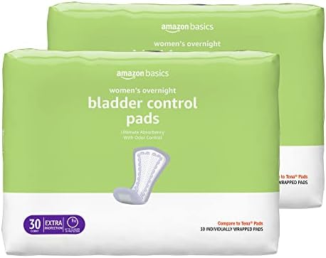 Amazon Basics Incontinence Pads for Women, Bladder Control, Postpartum, Overnight Absorbency, Unscented, 60 Count (2 Packs of 30)