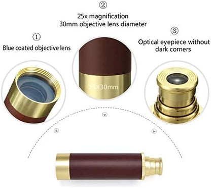 Pirate Monocular Telescope for Kids & Adults, Handheld Collapsible Brass Telescope 25x30 Zoomable Portable Pirate Spyglass for Cruise Ship Travel Watching Games Hiking Hunting and More