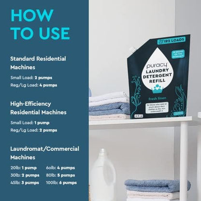 Puracy Laundry Detergent Refill - Enzyme-Powered Liquid Laundry Detergent Concentrate, Natural Laundry Detergent Seen on TikTok, Non-Toxic (Fresh Linen, 48 fl oz, 192 Loads)