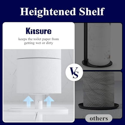 Kitsure Toilet Paper Holder Free Standing – Rustproof Metal Toilet Paper Stand for 4 Rolls with Anti-Slip Base and Shelf for Phone & Small Items, Bathroom Organizers and Storage, Large, White