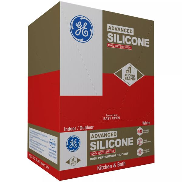 GE Advanced Silicone Caulk for Kitchen & Bathroom, White, 2.8 fl oz Tube, 12 Pack - 100% Waterproof Silicone Sealant, 5X Stronger Adhesion, Shrink & Crack Proof