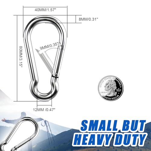 Carabiner Clip Hooks, 20pcs 3.15 inch Carabiners Heavy Duty, 304 Stainless Steel Spring Snap Hook Fits Camping Hiking, Metal Clips for Rope Chain Keys Rings