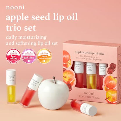 NOONI Korean Lip Oil Gift Set - Appleseed Lip Oil Trio, Tinted Lip Care, Hydrating, Lip Plumping, Long Lasting Moisture, Korean Vegan Makeup for Women, 0.12 Fl Oz x 3ea