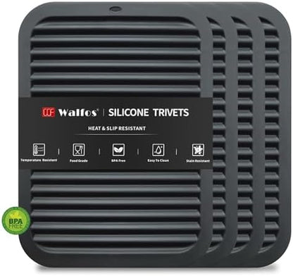 Walfos Silicone Trivets for Hot Pots and Pans - 446°F Heat Resistant Hot Pads for Kitchen Counter- 4 Pcs Multi-Purpose & Versatile Trivet Mat - Long-Lasting & Flexible Silicone Hot Pad（Black）