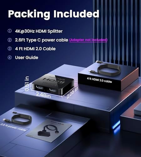 avedio links HDMI Splitter 1 in 2 Out [w/ 4 Ft Hdmi Cable]Not for Extended Display-Mirror Same Screen Only, 4K 1x2 HDMI Splitter 1 to 2 for 3D 1080P@60Hz, Copy 1 Source to 2 Displays at The Same Time