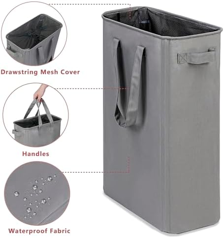 efluky Slim Laundry Basket, Narrow Laundry Hamper with Handles, Collapsible Dirty Clothes Hamper, Tall Laundry Bin for Laundry Room, Dorm and Bedroom, 12.7 Gallons(48L) Grey